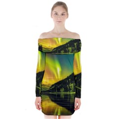 Scenic View Of Aurora Borealis Stretching Over A Lake At Night Long Sleeve Off Shoulder Dress by danenraven