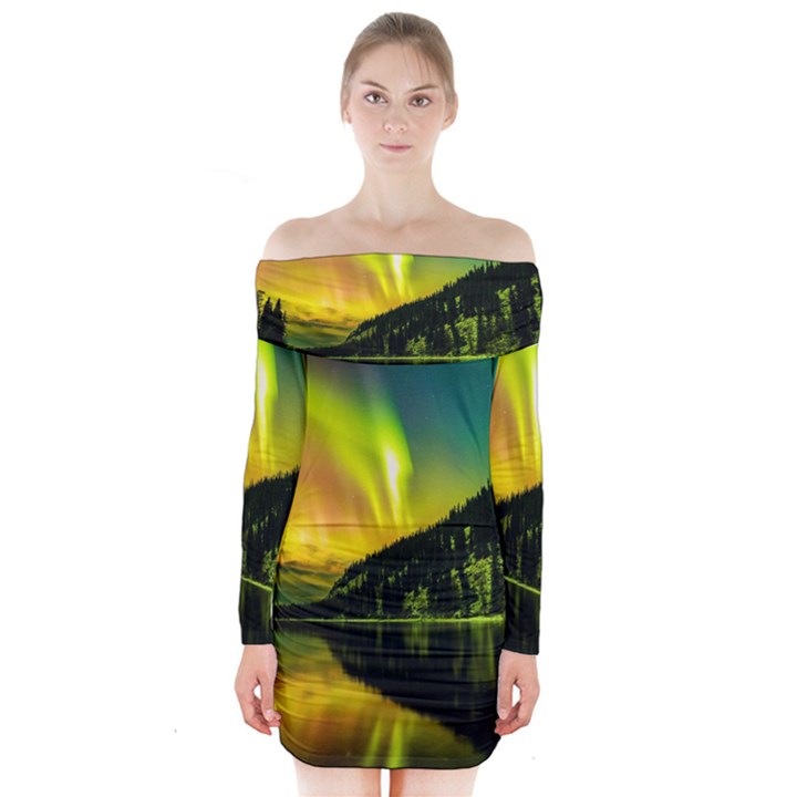 Scenic View Of Aurora Borealis Stretching Over A Lake At Night Long Sleeve Off Shoulder Dress