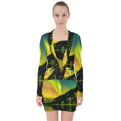 Scenic View Of Aurora Borealis Stretching Over A Lake At Night V-neck Bodycon Long Sleeve Dress by danenraven