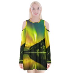 Scenic View Of Aurora Borealis Stretching Over A Lake At Night Velvet Long Sleeve Shoulder Cutout Dress