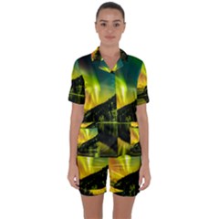 Scenic View Of Aurora Borealis Stretching Over A Lake At Night Satin Short Sleeve Pajamas Set by danenraven