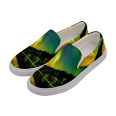 Scenic View Of Aurora Borealis Stretching Over A Lake At Night Women s Canvas Slip Ons by danenraven