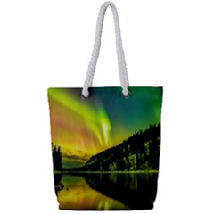 Scenic View Of Aurora Borealis Stretching Over A Lake At Night Full Print Rope Handle Tote (small) by danenraven