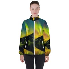 Scenic View Of Aurora Borealis Stretching Over A Lake At Night Women s High Neck Windbreaker by danenraven