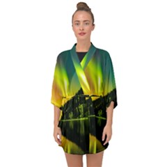 Scenic View Of Aurora Borealis Stretching Over A Lake At Night Half Sleeve Chiffon Kimono by danenraven