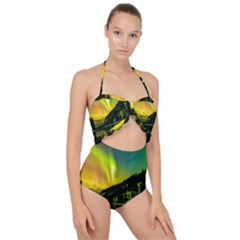 Scenic View Of Aurora Borealis Stretching Over A Lake At Night Scallop Top Cut Out Swimsuit by danenraven