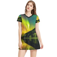 Scenic View Of Aurora Borealis Stretching Over A Lake At Night Women s Sports Skirt by danenraven