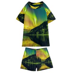 Scenic View Of Aurora Borealis Stretching Over A Lake At Night Kids  Swim Tee And Shorts Set by danenraven