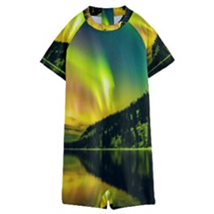 Scenic View Of Aurora Borealis Stretching Over A Lake At Night Kids  Boyleg Half Suit Swimwear by danenraven