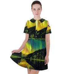 Scenic View Of Aurora Borealis Stretching Over A Lake At Night Short Sleeve Shoulder Cut Out Dress  by danenraven