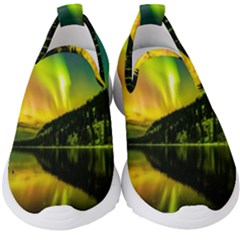 Scenic View Of Aurora Borealis Stretching Over A Lake At Night Kids  Slip On Sneakers by danenraven