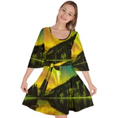 Scenic View Of Aurora Borealis Stretching Over A Lake At Night Velour Kimono Dress by danenraven