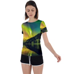 Scenic View Of Aurora Borealis Stretching Over A Lake At Night Back Circle Cutout Sports Tee by danenraven