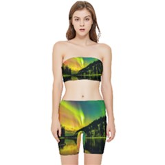 Scenic View Of Aurora Borealis Stretching Over A Lake At Night Stretch Shorts And Tube Top Set by danenraven