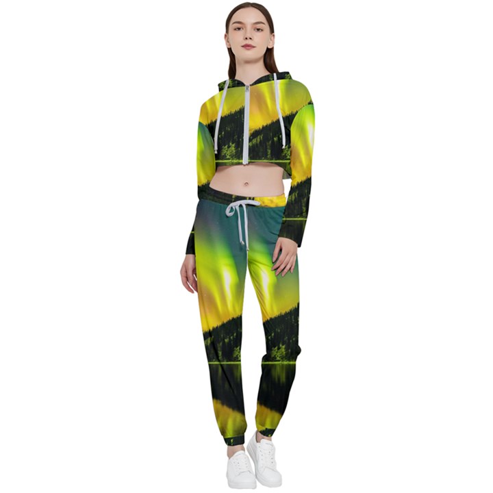 Scenic View Of Aurora Borealis Stretching Over A Lake At Night Cropped Zip Up Lounge Set