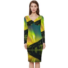 Scenic View Of Aurora Borealis Stretching Over A Lake At Night Long Sleeve V-neck Bodycon Dress  by danenraven