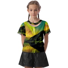 Scenic View Of Aurora Borealis Stretching Over A Lake At Night Kids  Front Cut Tee by danenraven