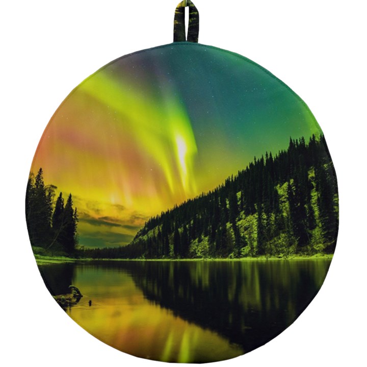 Scenic View Of Aurora Borealis Stretching Over A Lake At Night Round Trivet