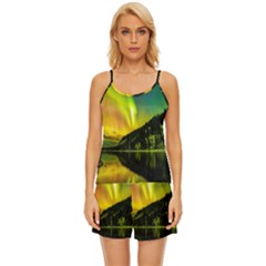 Scenic View Of Aurora Borealis Stretching Over A Lake At Night Satin Pajama Short Set by danenraven