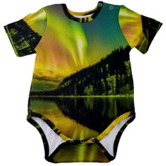 Scenic View Of Aurora Borealis Stretching Over A Lake At Night Baby Short Sleeve Onesie Bodysuit by danenraven