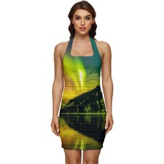 Scenic View Of Aurora Borealis Stretching Over A Lake At Night Sleeveless Wide Square Neckline Ruched Bodycon Dress by danenraven