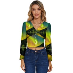 Scenic View Of Aurora Borealis Stretching Over A Lake At Night Long Sleeve V-neck Top