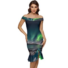 Aurora Borealis Photo Off Shoulder Ruffle Split Hem Bodycon Dress