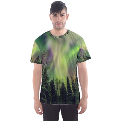 Aurora Borealis In Sky Over Forest Men s Sport Mesh Tee by danenraven