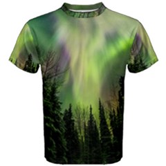 Aurora Borealis In Sky Over Forest Men s Cotton Tee by danenraven