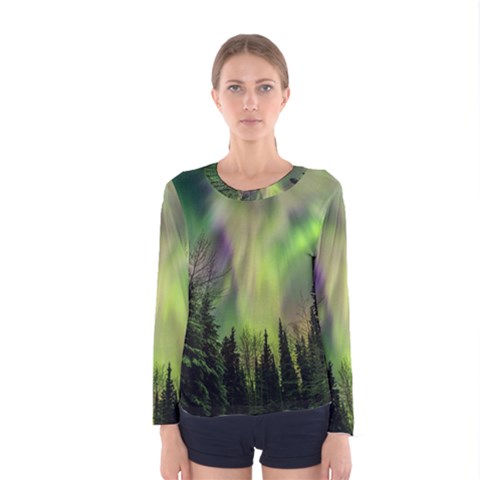 Aurora Borealis In Sky Over Forest Women s Long Sleeve Tee by danenraven