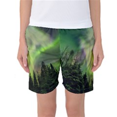 Aurora Borealis In Sky Over Forest Women s Basketball Shorts by danenraven