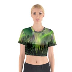 Aurora Borealis In Sky Over Forest Cotton Crop Top by danenraven