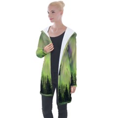 Aurora Borealis In Sky Over Forest Longline Hooded Cardigan by danenraven