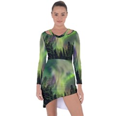 Aurora Borealis In Sky Over Forest Asymmetric Cut-out Shift Dress by danenraven