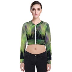 Aurora Borealis In Sky Over Forest Long Sleeve Zip Up Bomber Jacket by danenraven