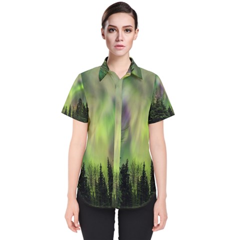 Aurora Borealis In Sky Over Forest Women s Short Sleeve Shirt by danenraven