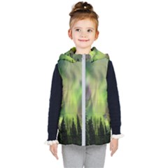 Aurora Borealis In Sky Over Forest Kids  Hooded Puffer Vest by danenraven