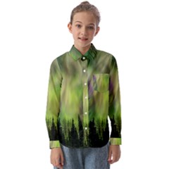 Aurora Borealis In Sky Over Forest Kids  Long Sleeve Shirt by danenraven