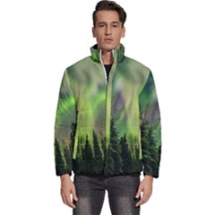 Aurora Borealis In Sky Over Forest Men s Puffer Bubble Jacket Coat by danenraven