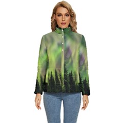 Aurora Borealis In Sky Over Forest Women s Puffer Bubble Jacket Coat by danenraven