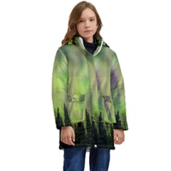 Aurora Borealis In Sky Over Forest Kid s Hooded Longline Puffer Jacket by danenraven