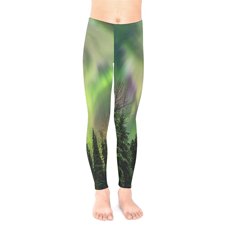 Aurora Borealis In Sky Over Forest Kids  Leggings