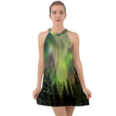 Aurora Borealis In Sky Over Forest Halter Tie Back Chiffon Dress by danenraven