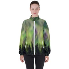 Aurora Borealis In Sky Over Forest Women s High Neck Windbreaker by danenraven