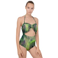 Aurora Borealis In Sky Over Forest Scallop Top Cut Out Swimsuit by danenraven