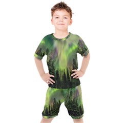 Aurora Borealis In Sky Over Forest Kids  Tee And Shorts Set by danenraven