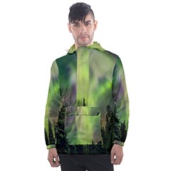 Aurora Borealis In Sky Over Forest Men s Front Pocket Pullover Windbreaker by danenraven