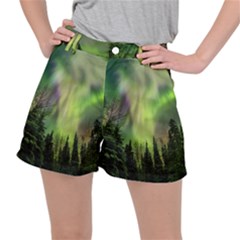 Aurora Borealis In Sky Over Forest Ripstop Shorts by danenraven