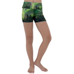 Aurora Borealis In Sky Over Forest Kids  Lightweight Velour Yoga Shorts by danenraven