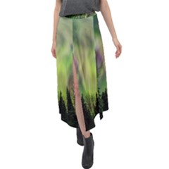 Aurora Borealis In Sky Over Forest Velour Split Maxi Skirt by danenraven